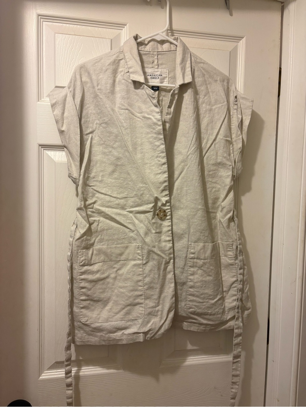 American Eagle Outfitters Beige Short-Sleeve Linen-Blend Blazer